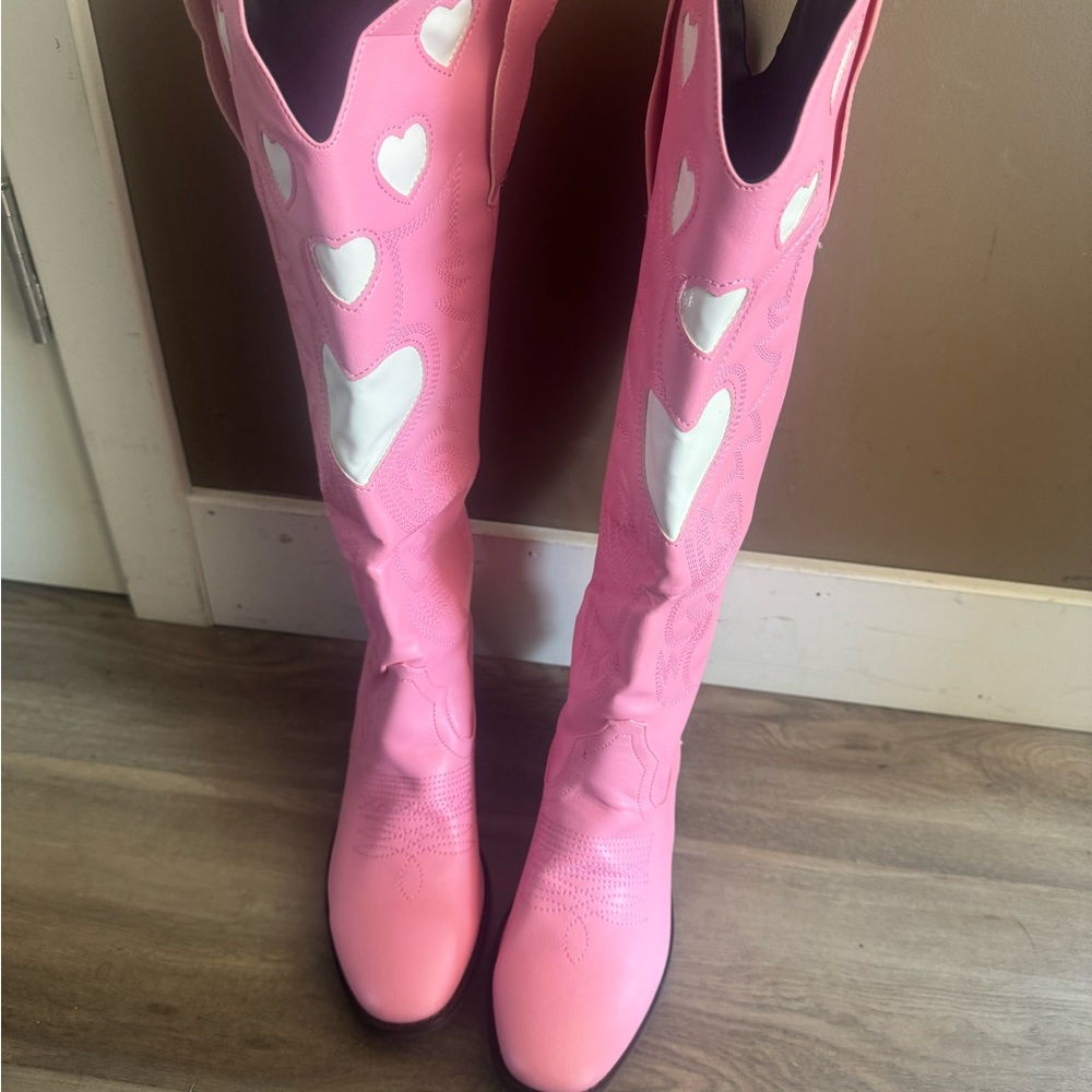 Pink and White Heart Women's Boots